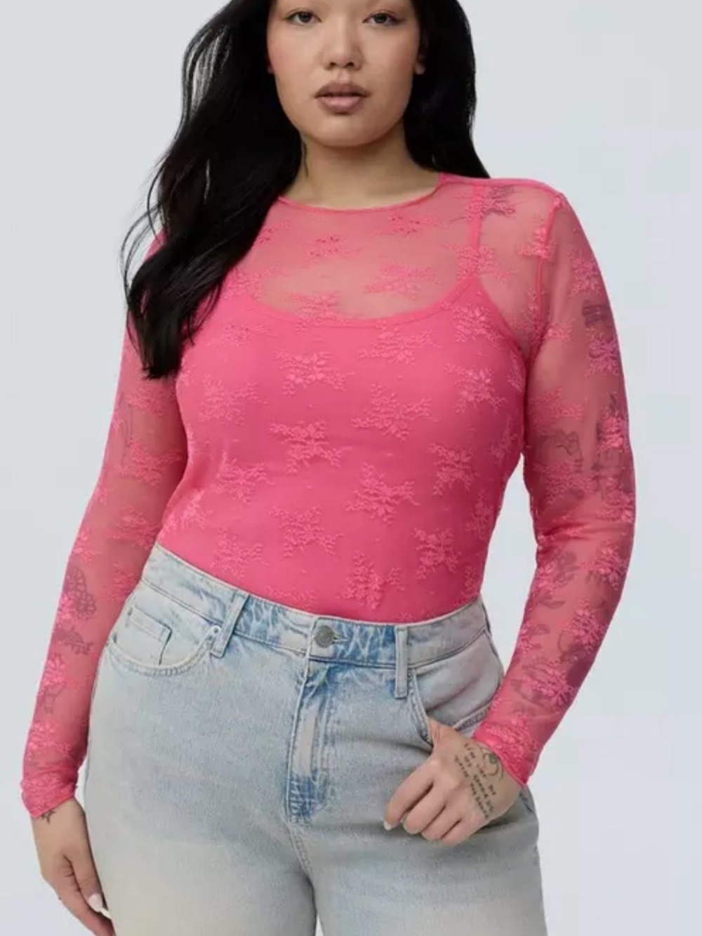 Torrid 4 Women's Pink Lace Long Sleeve Sheer Mesh Blouse Top 4XL